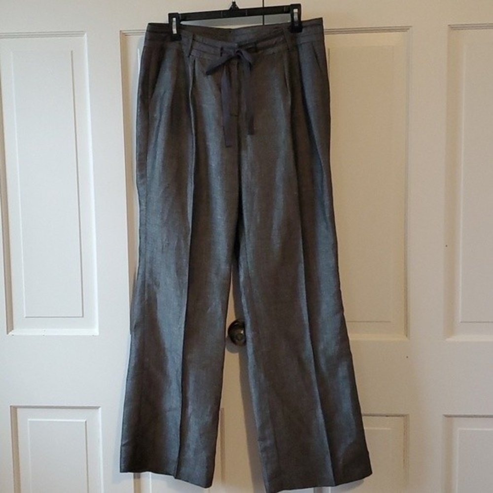 TALBOTS LINEN DRAWSTRING WIDE STRAIGHT LEG GRAY PANTS SIZE 10 BEACHY HIGH WAIST